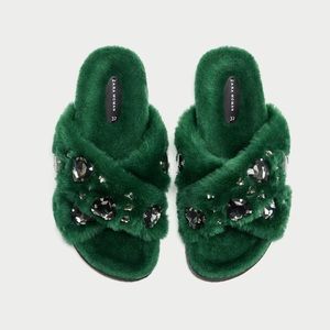 ZARA Faux Fur Bejeweled Slides - NWT